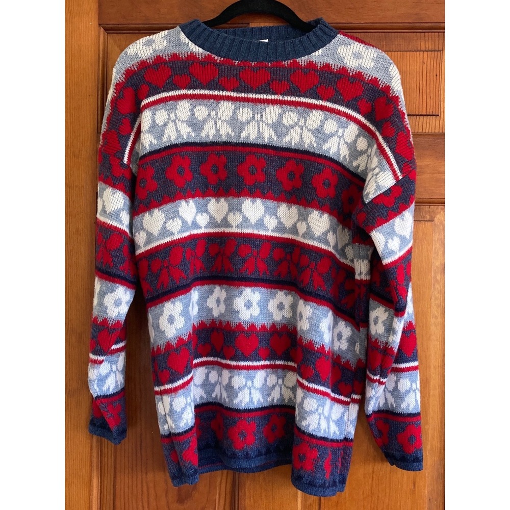 Huntington Ridge Vintage Womens M Heart Flower Bow Fair Isle Sweater Grandmacora